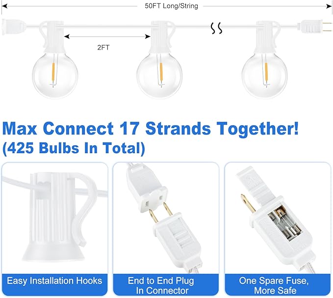 Bosceos Outdoor G40 LED Globe String Lights 50FT Dimmable Shatterproof Waterproof Patio Lights with 25+2 Bulbs Connectable Commercial Hanging Light for Patio Balcony Backyard Party (White Wire)