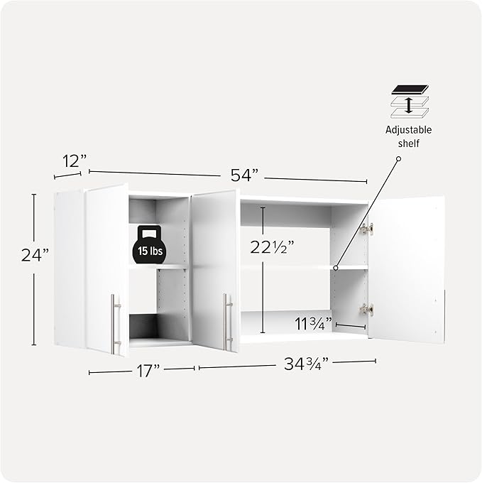 Prepac Elite 54" Wall Cabinet, White Storage Cabinet with 2 Adjustable Shelves, Storage for Pantry, Kitchen and Bathroom 12" D x 54" W x 24" H