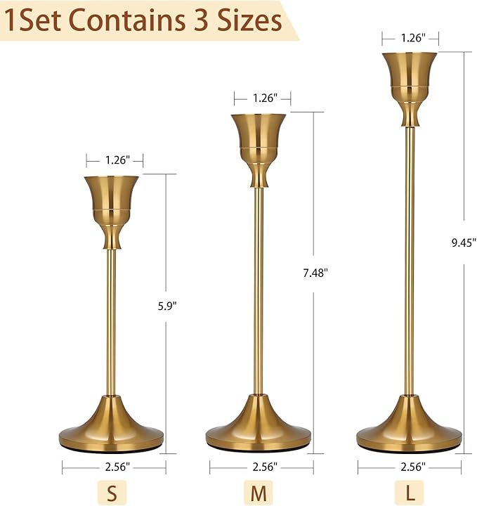 Candle Holder Brass Gold Candlestick Holders Set of 6, Metal Taper Candle Holders for Table Centerpiece Fits 3/4 inch Candles, Tall Candle Stands for Halloween Thanksgiving Christmas