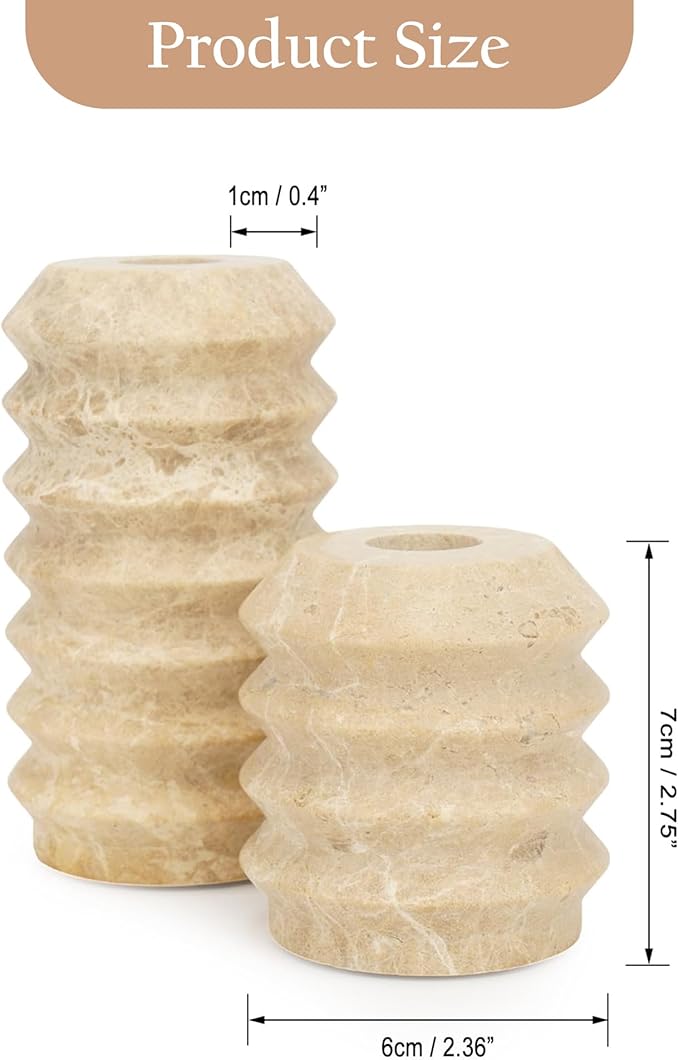 WORHE Candle Holders Italy True Natural Travertine Stone 0.4" Thick Set of 2 Marble Candlestick Holder for Christmas Wedding Dinning Party Candlestick Stand for 3/4 inch Candles Light Brown (WH034)