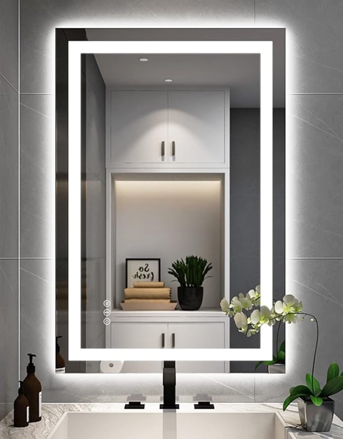24''x36'' LED Bathroom Mirror with Front + Backlit, Tempered Glass Bathroom Mirror with Lights, Anti-Fog, 3 Colors with Stepless Dimmable Memory Bathroom Vanity Mirror for Wall, Shatterproof