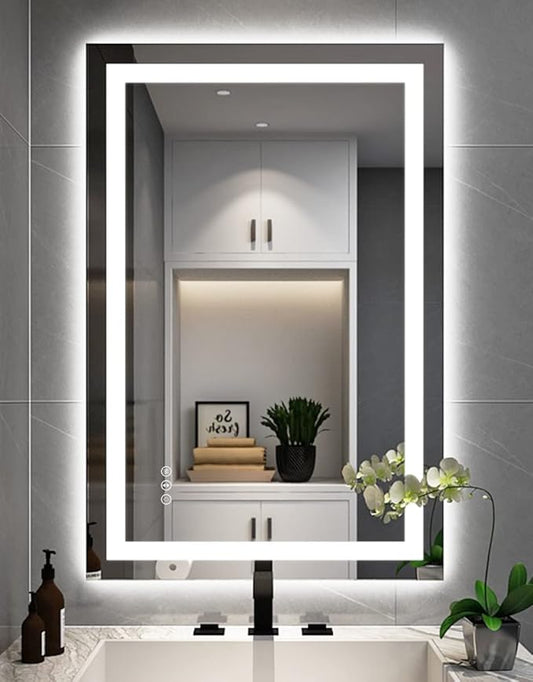 24''x36'' LED Bathroom Mirror with Front + Backlit, Tempered Glass Bathroom Mirror with Lights, Anti-Fog, 3 Colors with Stepless Dimmable Memory Bathroom Vanity Mirror for Wall, Shatterproof