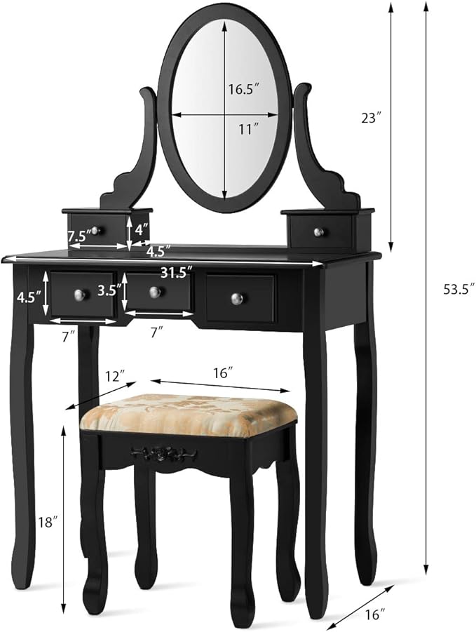 CHARMAID Vanity Table Set with Rotatable Oval Mirror, Bedroom Makeup Table with 5 Drawers for Women Girls, Dressing Table with Cushioned Stool (Black)