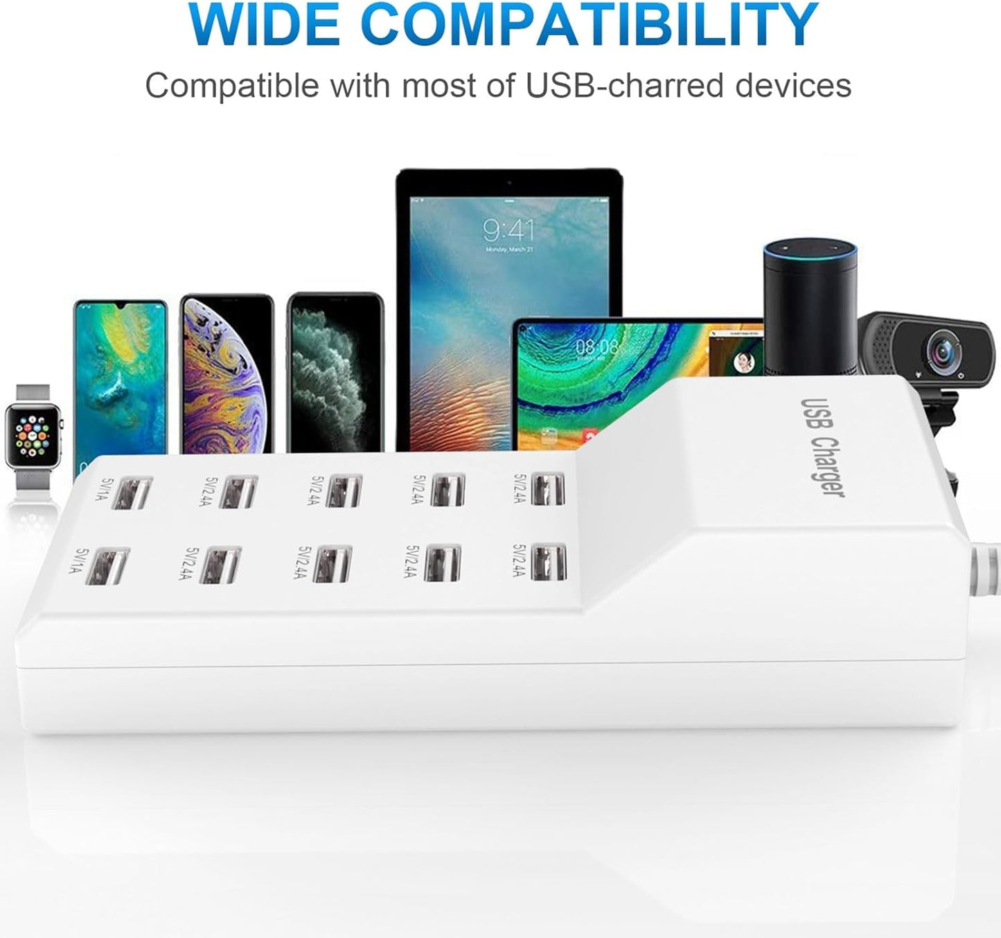 QIONMAR USB Wall Charger, 10-Ports Power Hub Strip, Smart Plug Charging Dock Compatible with iPhone 15, Galaxy S