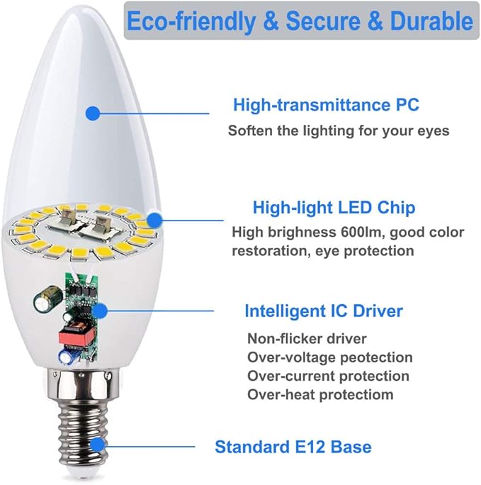 Vinaco E12 LED Bulb, 2 Pack E12 Candelabra Bulb 60 Watt Daylight White 5000K, High Brightness 600LM & 25000+ Long Lifespan E12 Bulb, E12 Candelabra Base, Light Bulb for Ceiling Fan Light Bulb