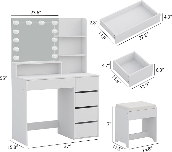 Furniouse 37" W Vanity Desk, Vanity Mirror with Lights and Table Set with 5 Drawers, Vanity Set 3 Lighting Modes Brightness Adjustable for Bedroom Studio