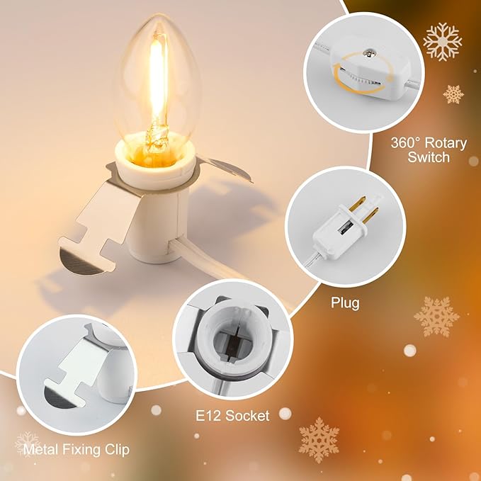 Brightown Accessory Cord with 2 LED Light Bulbs - UL Listed 5 Feet Christmas Village Cords, Rotary Switch, Fused Plug for Crafts, Halloween Pumpkin, Holiday Ornaments, White Cord, Warm White, 2 Pack