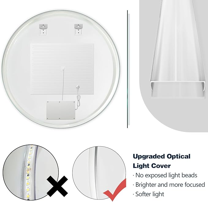 Niccy Round Led Mirror for Bathroom, 36" Circle Frameless Backlit Mirror wiht Light, Anti-Fog, 3 Colors, Waterproof, Memory Function