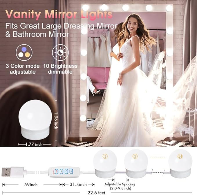 22.6ft Led Vanity Mirror Lights with 14 Dimmable Light Bulbs Makeup Vanity Lights for Big Long Mirror,Mirror Not Included