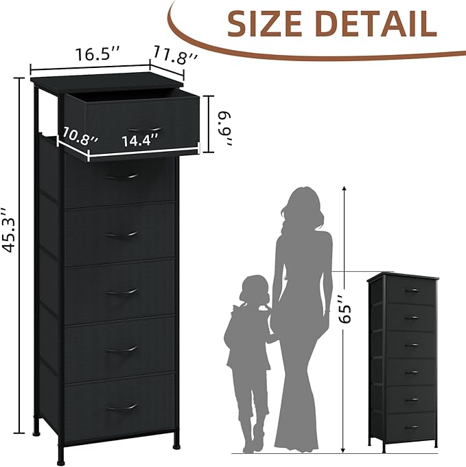 Somdot Tall Dresser for Bedroom with 6 Drawers, Storage Organizer Chest of Drawers with Removable Fabric Bins for Closet Bedside Living Room Laundry Entryway Hallway, Black