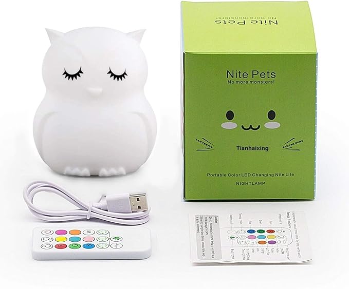 Owl Night Light for Kids, Rechargeable LED Bedside Lamp for Children, 9 Changing Color Silicone Nursery Lamp for Breastfeeding, Eyes Caring, Tap Adjustable Brightness & Colors