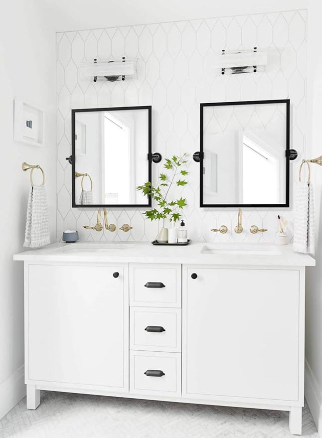 Black Metal Framed Pivot Rectangle Bathroom Mirror Tilting Beveled Vanity Mirrors for Wall, Overall 23.9 x 24 inches (Mirrror 20 x 24 inches)