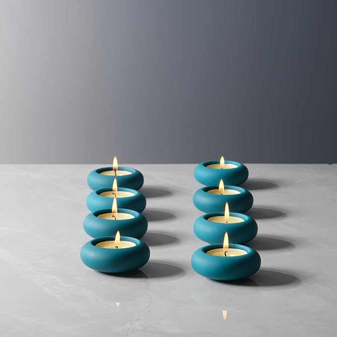 Handmade Decorative Pebble Tealight Candle Holders Set of 8 - Handcrafted Home Decor Accent for Calming Earthy Aesthetic Cement Peacock Blue Diameter 2.6 inches