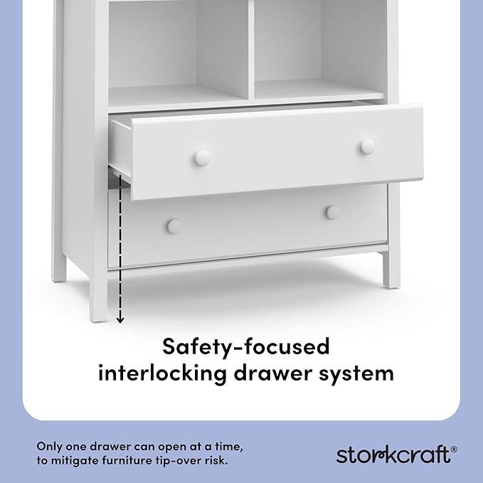 Storkcraft Alpine 2 Drawer Changing Table Chest (White) - Attached Changing Table Topper Fits Any Standard-Size Baby Changing Pad, 2 Drawers, 2 Shelves for Extra Nursery Storage, Easy to Assemble