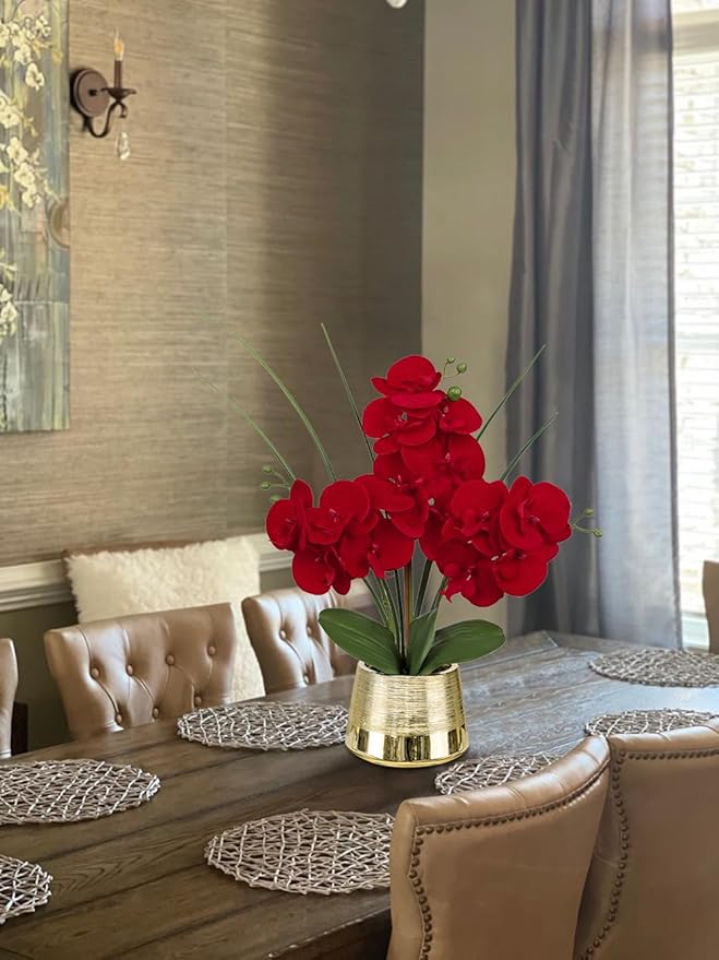 Artificial Red Phalaenopsis Orchid Flower Arrangements Faux Orchid Flower in Gold Pot Orchids Centerpiece for Dining Room Table