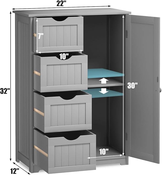 Giantex Bathroom Storage Cabinet with Drawers - 4 Drawer Storage Organizer w/Cupboard, Adjustable Shelf, Anti-Toppling Device, Entryway Storage Unit Console Table, Bathroom Floor Cabinet (Gray)