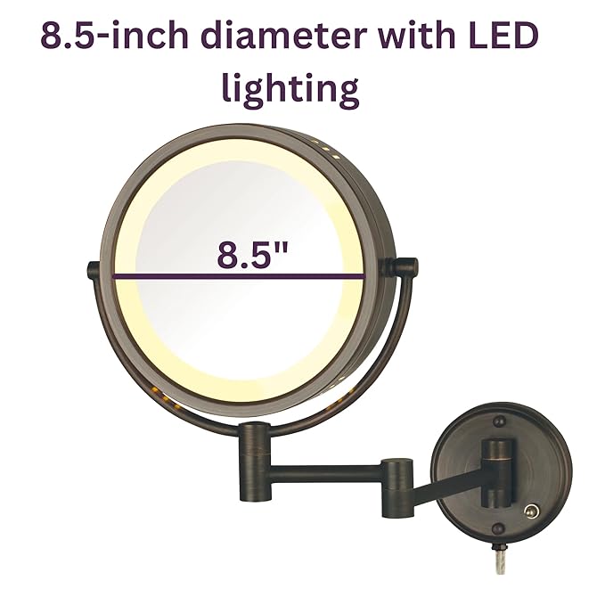 JERDON Two-Sided Wall-Mounted Makeup Mirror with Lights - Direct-Wired Lighted Makeup Mirror with 8X Magnification - 8.5-inch Diameter Mirror with Bronze Finish Wall Mount - Model HL75BZD