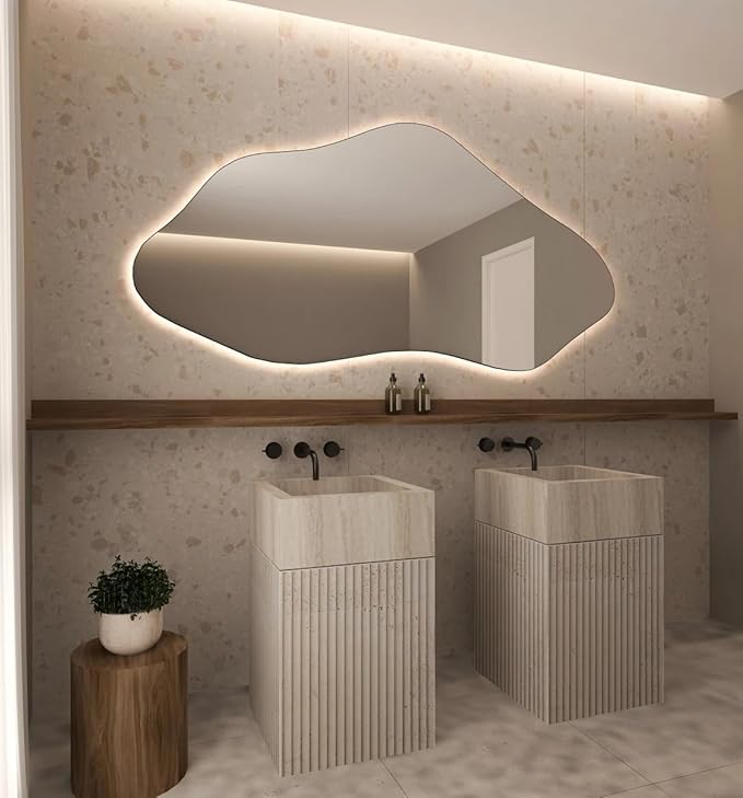 Asymmetrical Bathroom LED Mirror, Modern Irregular Shape Wall Mirror with LED Lights, Frameless Aesthetic Backlit LED Illimunated Vanity Mirror (50" x 25" inc)