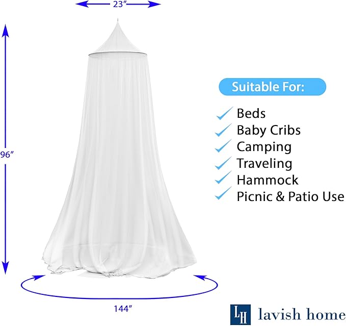 Trademark Global Mosquito Repelling Net for Beds, Hammocks, and Cribs - Insect Protection Hanging Canopy for Camping with Large Screen Opening by Lavish Home - 75-31215 , White
