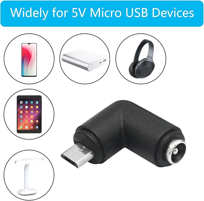 4Pcs DC 5.5mm x 2.1mm to Micro USB Adapter, 90 Degree Right Angle DC 5521 Female to Micro USB Male Plug Convert Connector 5V Power Supply Adapter
