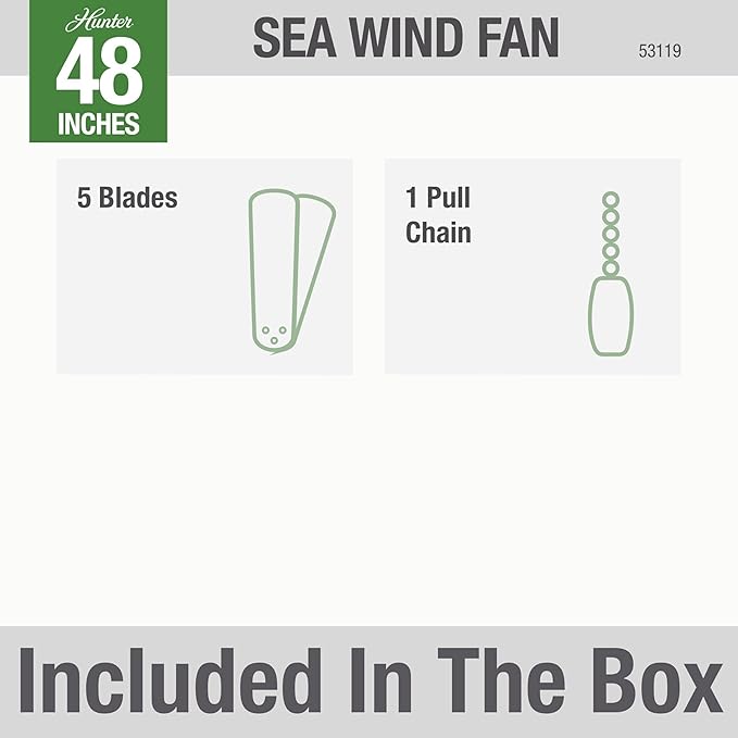 Hunter 48 inch Outdoor or Indoor Ceiling Fan No Light - Low Profile Mount, White Ceiling Fan without Light, For Patio, Porch, Garage, or Living Room, 5 Blades, Pull Chain - Sea Wind 53119, White