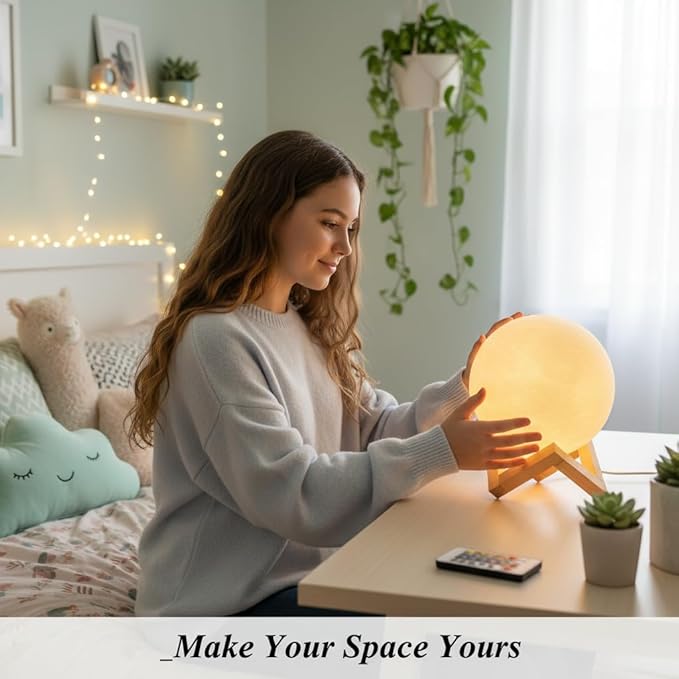 Mydethun 16-Color 3D Moon Lamp, 148 Lighting Modes, 5.9" Rechargeable Dimmable Night Light with Remote & Wooden Stand – Unique Gift for Women, Mom, Kids, Bedroom, Thanksgiving Table & Christmas Décor
