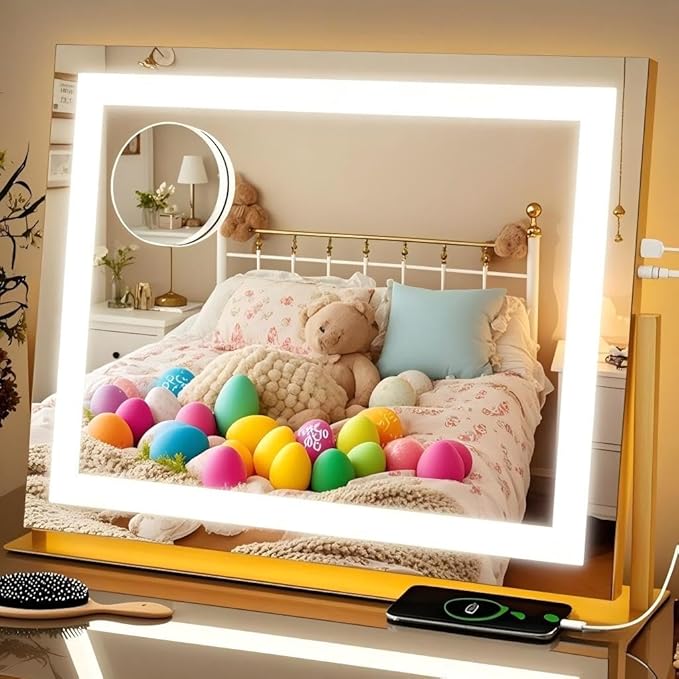 FENNIO Vanity Mirror with Lights 22''x18'' Makeup Mirror with Lights,Lighted Makeup Mirror with 10X Magnification and USB，Smart Touch Screen with 3-Color Lighting,Dimmable（Square Gold）