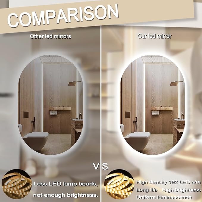THEKLA 20 x 40 Inch Oval Lighted Vanity Mirror with Lights Backlit Smart Memory 3 Color Dimmable AntiFog 40" Frameless LED Oval Backlit Mirror for Bathroom Salon Makeup Wall Vertical/Horizontal Mount