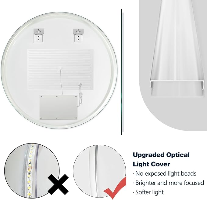 Niccy Round Led Mirror for Bathroom, 28" Circle Frameless Backlit Mirror wiht Light, Anti-Fog, 3 Colors, Waterproof, Memory Function