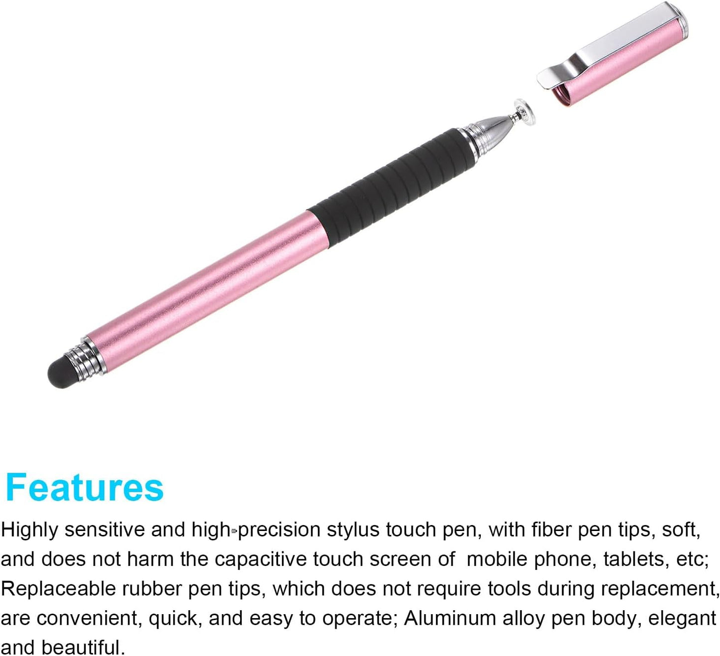 MECCANIXITY 2 in 1 Stylus Pens for Touch Screens, Universal Capacitive Stylus with 4 Fiber & 2 Disc Tips, Pink