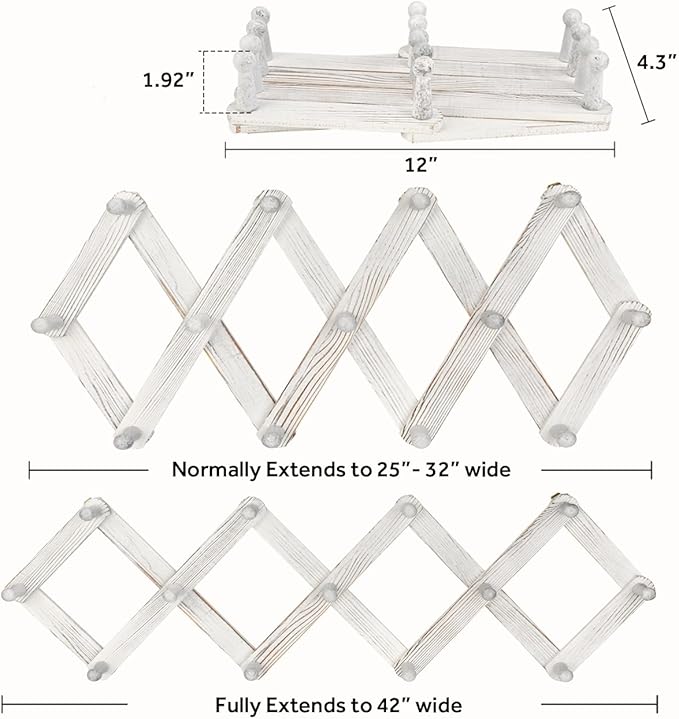 Homode Accordian Wall Hanger, Expandable Coat Rack Wall Mounted, Accordion Style Wood Hat Rack with 13 Peg Hooks for Hanging Coats, Hats, Mugs, Bags, Purses, Necklaces, Rustic White