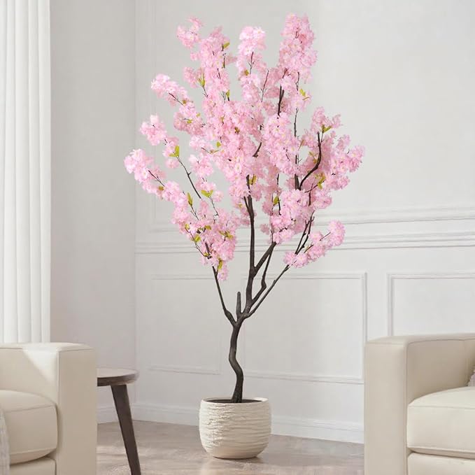 7.2ft Artificial Cherry Blossom Tree for Indoor Decor,Nearly Nature Pink Silk Flowers Fake Tree Tall,Realistic Faux Cherry Plant Wishing Tree Outdoor Front Door Handmade for Office Living Room Decor