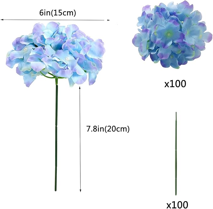 100PCS Artificial Hydrangea Flowers, Fake Flowers Silk Hydrangea Full Flowers Heads with Stems for Wedding Home Party Shop Baby Shower Decor (Blue Purple)