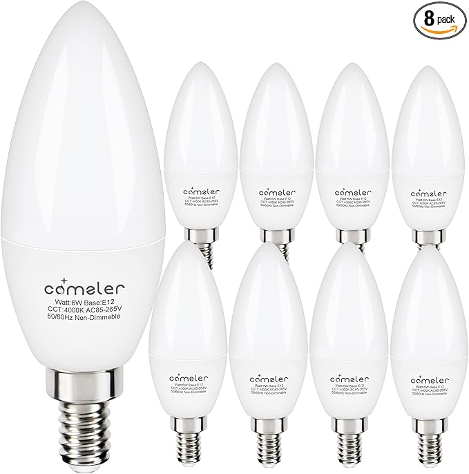 comzler Type B LED Bulb E12 Small Base, 4000K Natural Daylight Candelabra LED Light Bulbs, 60 Watt Equivalent Chandelier E12 LED Bulb for Ceiling Fan 600 Lumens No-Dimmable Pack of 8