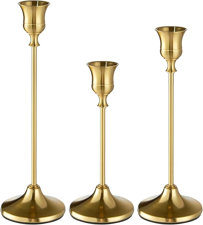 Gold Candlestick Holders, Taper Candle Holders, Set of 3 Brass Candle Holder Set, Vintage Table Centerpiece for Wedding Christmas Holiday