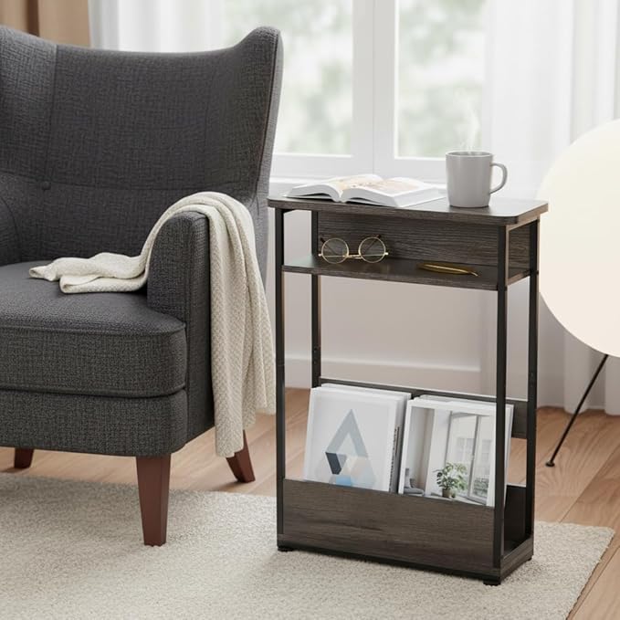 Vintage Narrow Side Table with Storage Shelf, 3 Tier Slim End Table Modern Sofa Table for Narrow and Small Spaces, 24.6 Inch Height Bedside Table Nightstand (Grey, Large)