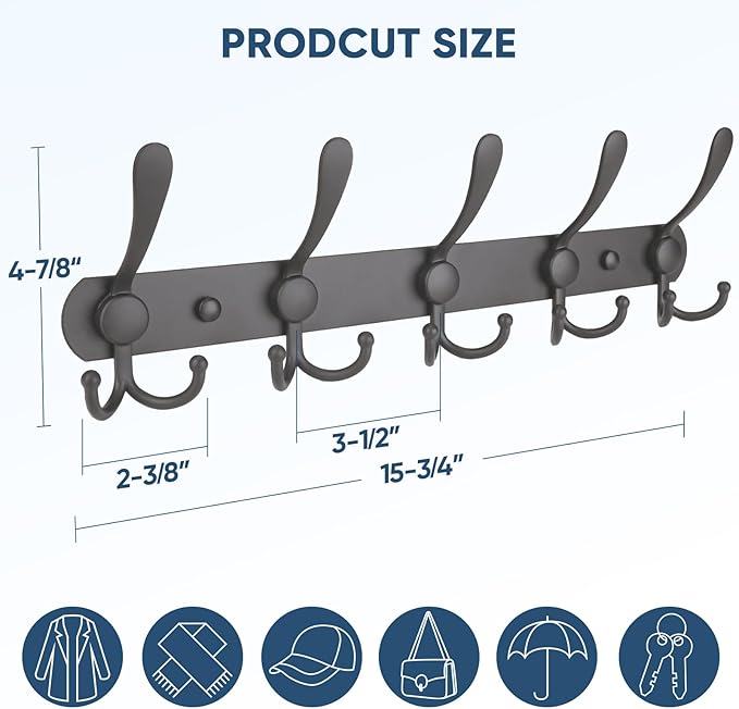 TICONN Wall Mounted Coat Rack, Five Heavy Duty Tri Hooks All Metal Construction for Jacket Coat Hat in Mudroom Entryway (Space Gray, 2-Pack)