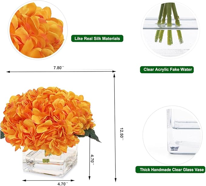 Silk Hydrangea Artificial Flowers in Vase with Faux Water, Silk Flower Arrangements in Vase for Wedding, Dining Table, Living Room (Orange)
