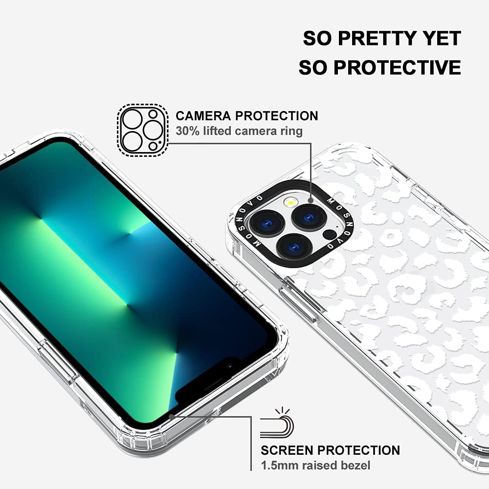 MOSNOVO iPhone 13 Pro Case, Clear TPU Bumper with Buffertech 6.6ft Military-Grade Drop Protection, White Leopard Print