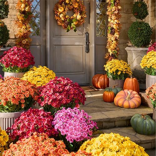 Artificial Mums for Outdoors, Faux Sunset Mum Flowers Planters for Indoor Outside Decor, Fake Look Real, Vibrant, UV Resistant, Waterproof, Windproof (Pink, 5 Bundle)