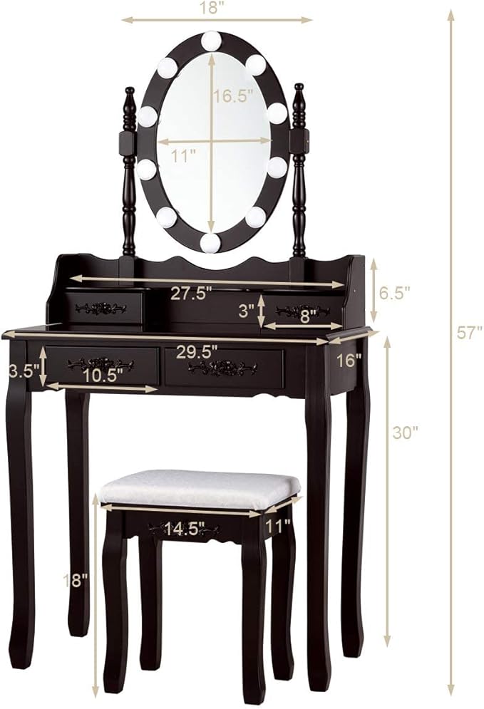 Giantex Makeup Vanity Table with 10 LED Lights, Adjustable Brightness, 3 Color Light Modes, 4 Drawers, Rotatable Mirror, Cushioned Stool, Vanity Desk Dressing Table Bedroom Furniture (Espresso)