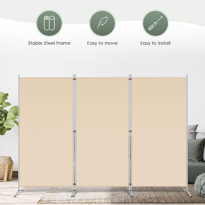 RANTILA 3 Panel Room Divider, 6 Ft Tall Folding Privacy Screen Freestanding Room Partition Wall Dividers, 102''W x 20''D x 71''H, Beige
