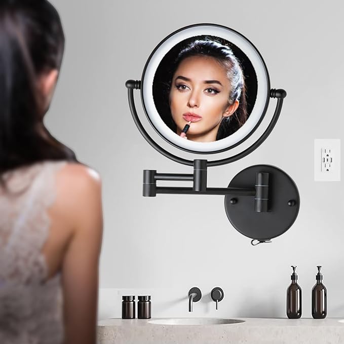 Wall Mounted Makeup Mirror with Lights and 10X Magnification, 8" Rechargeable Double Sided Touch Dimmable Foldable Extended Arm 360 Rotation for Bathroom, Matt Black