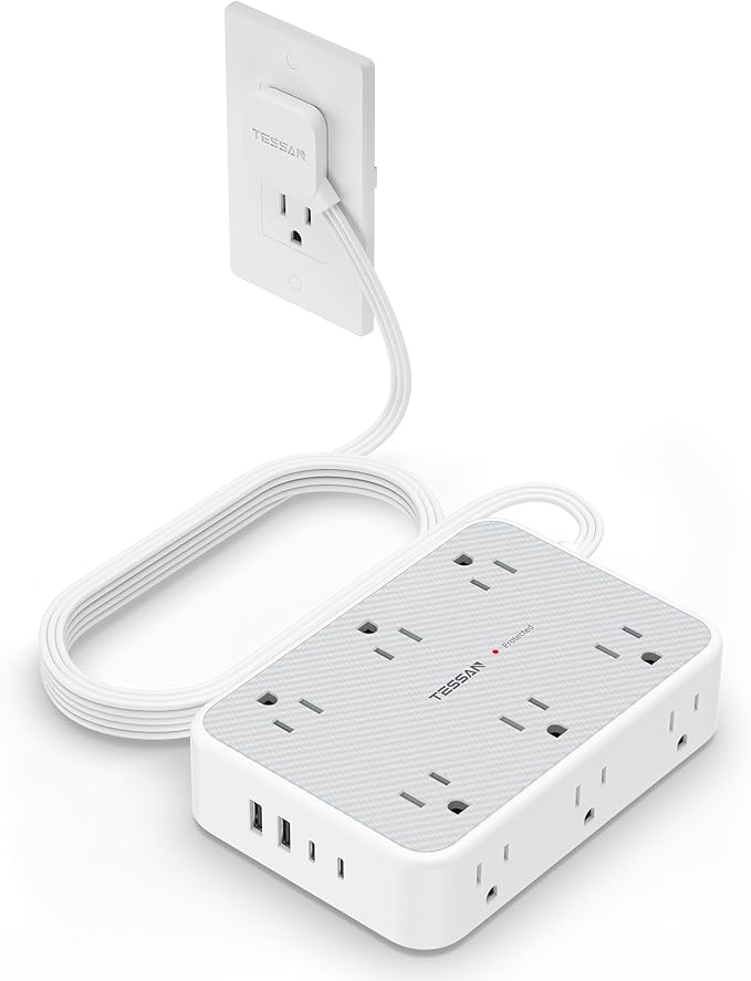 TESSAN Surge Protector Power Strip, 15FT Flat Extension Cord with Multiple Outlets, 12 Outlet Extender with 4 USB (2 USB-C), Flat Plug Power Strip, 1800J Surge Protection, Office, Dorm Essentials