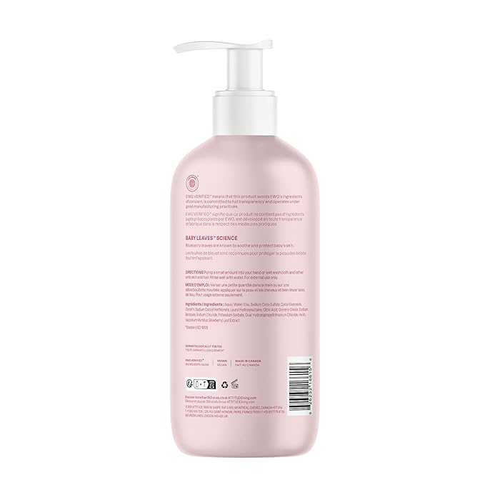 ATTITUDE 2-in-1 Shampoo and Body Wash for Baby, Fragrance-Free EWG Hypoallergenic Plant- and Mineral-Based Ingredients, Vegan and Cruelty-Free, Unscented, 16 Fl Oz