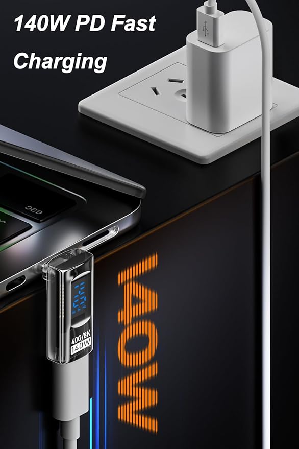 2 Pack USB C Adapter with Digital Display, 90 Degree Right Angle 140W USB-C Male to Female Connector for ROG Ally, Steam Deck and More, Support Voltage, Current and Power Smart LED Display