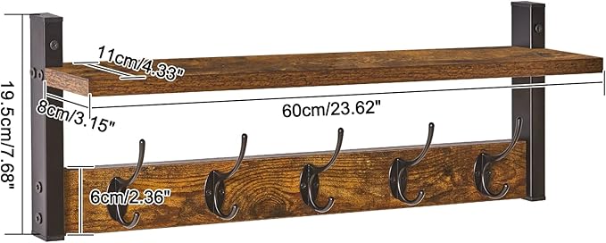 YMYNY Coat Rack Wall Mount with Shelf, 2 Pack 23.6" Coat Hooks Coat Hanger Wall Mount, Wall Hooks for Hanging, Hat Rack for Wall, Towel Hooks for Bathrooms, Rustic Brown UHWS004H-2