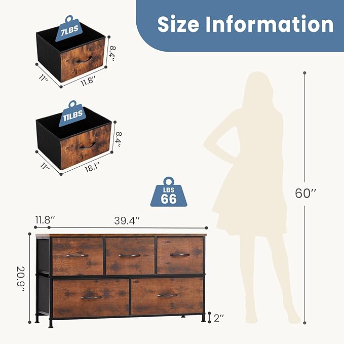 DUMOS Dresser for Bedroom, 5 Storage Drawers, Wide Fabric Closet Chests Organizer Tower Furniture with Wooden Top Metal Frame for Clothes, Guest Room, Living Room, Hallway, Entryway