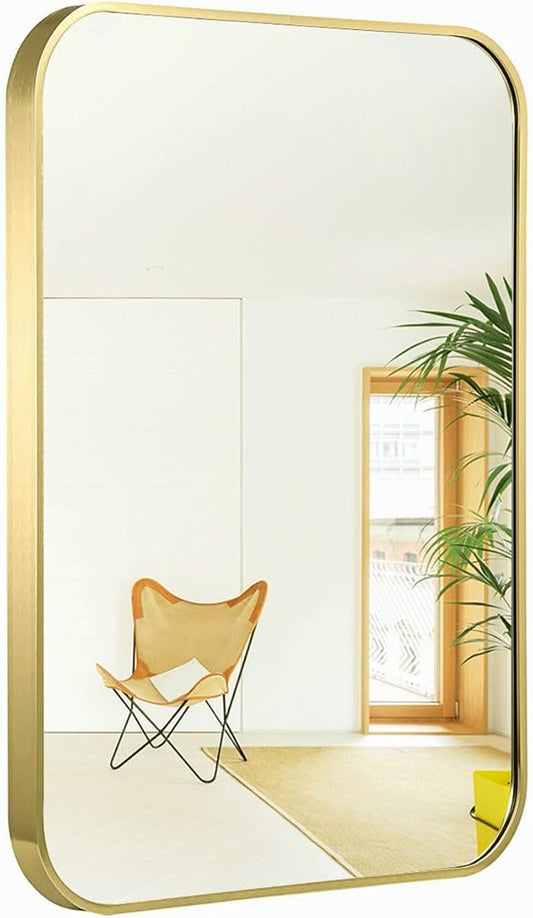 20"x30" Brushed French Gold Mirror for Wall, Gold Rounded Rectangle Mirror with Metal Frame Hanging for Bathroom Entryway Vanity,Living Room,Bedroom,Vertical or Horizontal