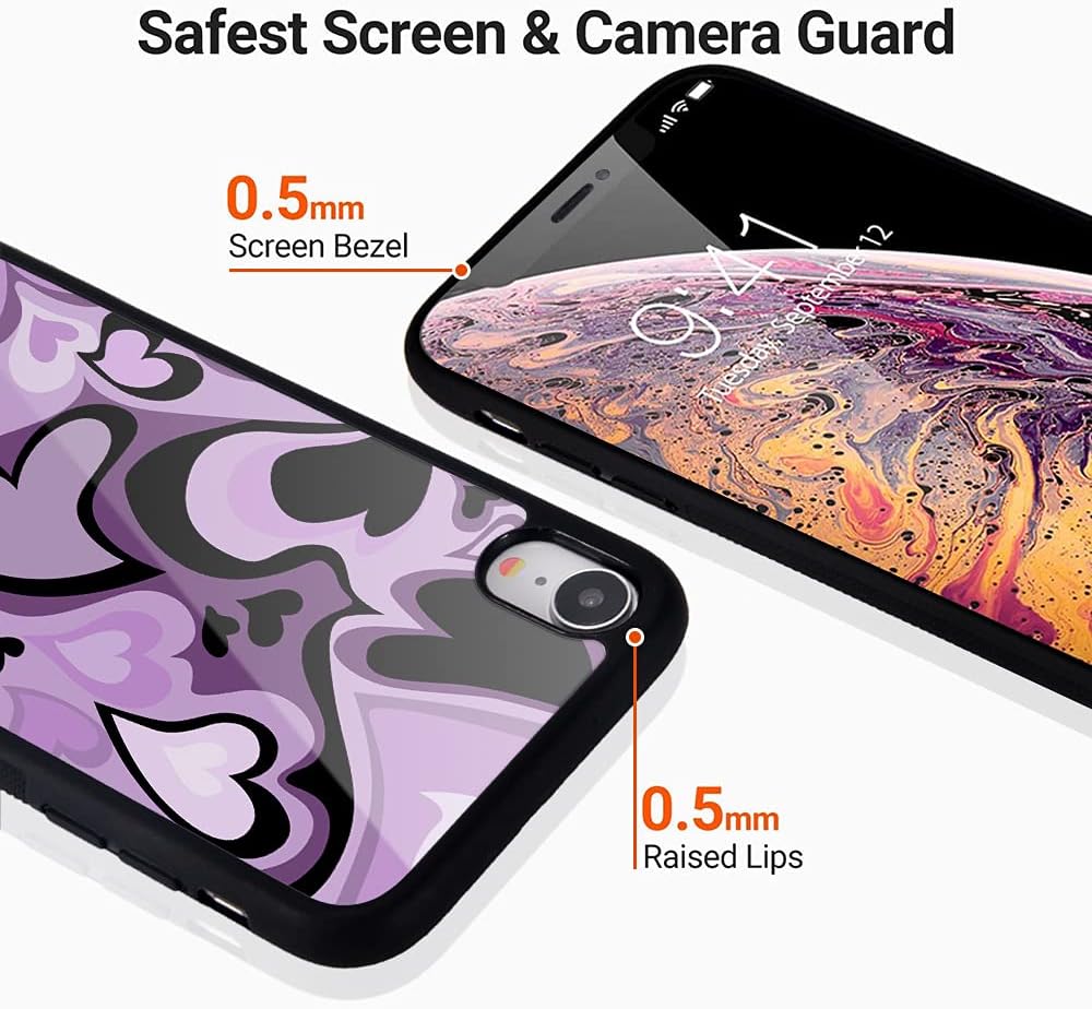 Idocolors Purple Love Heart Printed Cases for iPhone XR, Cute Soft TPU Hard Back Shatter-Resistant Protective Cover